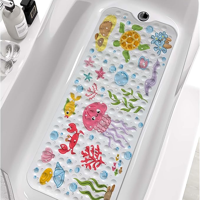 KINUUIS Bathtub Mats for Kids, Cartoon Bath Mats for Bathroom Non Slip, Large Washable Shower mats for Showers with Drain Holes and Suction Cups (Jellyfish, 40 X 16 Inch)