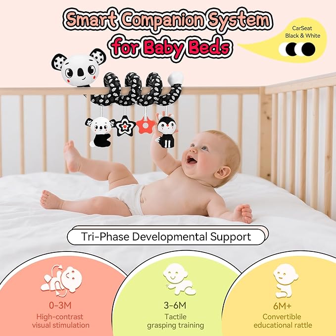 FPVERA Car Seat Toys for Babies 0-6 Months: Travel Baby Toy for Soft Hanging Toys for Carseat, Spiral Plush High Contrast Black and White Toy for Infant Boys Girls
