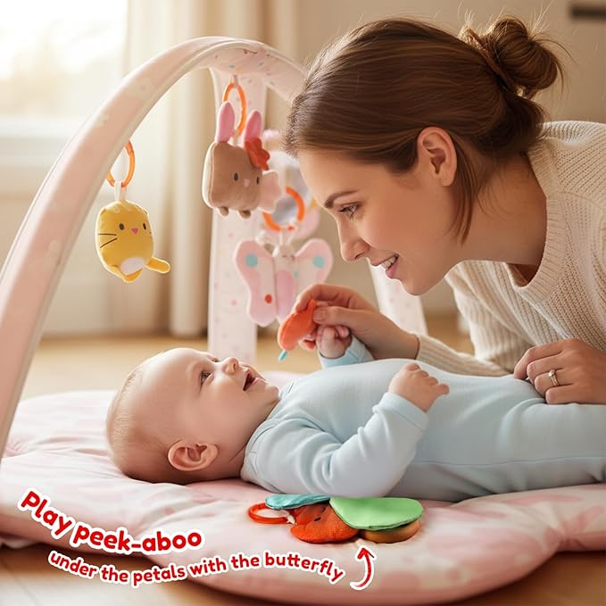 Baby Play Gym & Activity Mat with Light-up Musical Arch, Washable Tummy Time Mat with 6 Detachable Sensory Toys for Motor Skills, Baby Essentials Shower Gift - Updated Spring Blossoms Themed