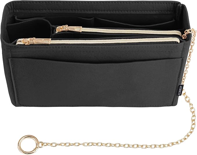 Purse Organizer Insert, Handbag Organizer with Zipper, Tote Shaper with Cup Holder & Keychain, Compatible with LV, Neverfull, MK, COACH, Longchamp, Kate Spade – Black-Sl. Lg
