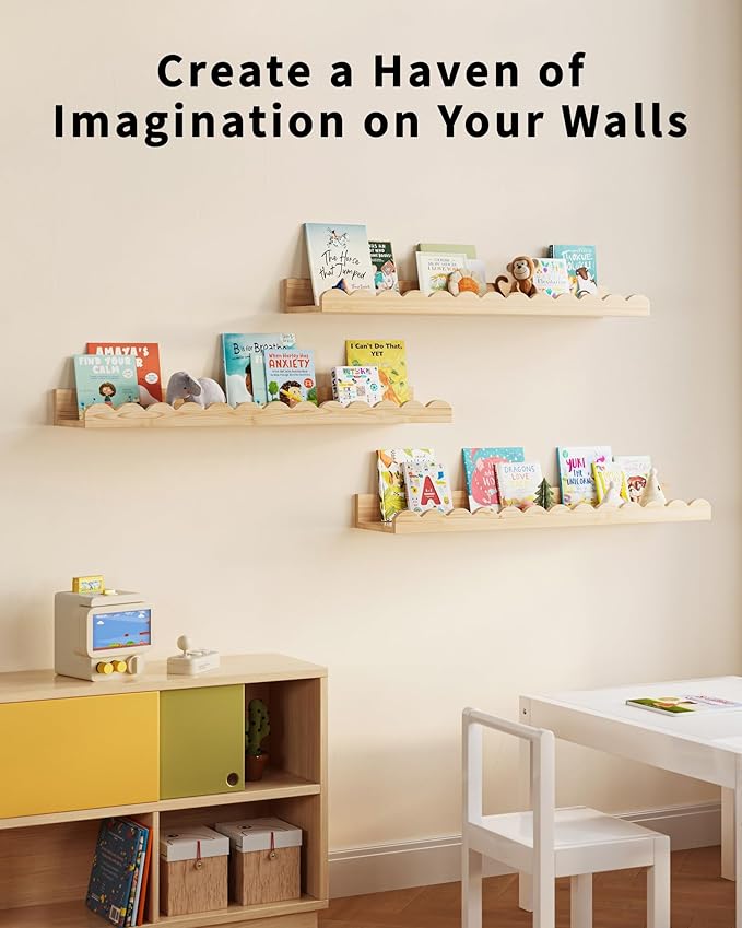 Nursery Book Shelves, Set of 3, Nursery Decor for Baby and Toddler, Scalloped Shelves, Book Shelf for Kids Rooms, Wall Book Shelf for Bedroom Kids, Floating Shelf for Wall (Wood, 23.5 Inches)