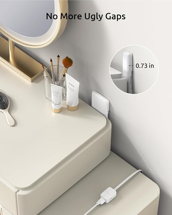 6 Feet Extension Cord with 3 Outlets, Low Profile Flat Wall Plug & Outlet Cover Concealer, 900J Surge Protection, 13A/1625W, ETL Listed, Fits Behind Furniture, Bed, Dresser, Shelf, TV, White
