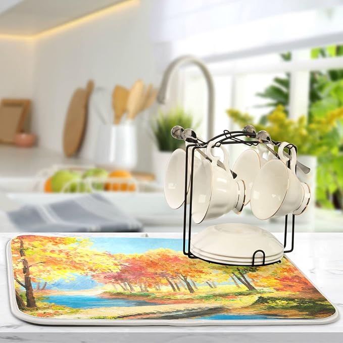 Absorbent Dish Drying Mat for Kitchen Counter - Forest Oil Painting Autumn Microfiber Drying Pad, Reversible Drainer Mats for Countertop, Small 16" x 18"