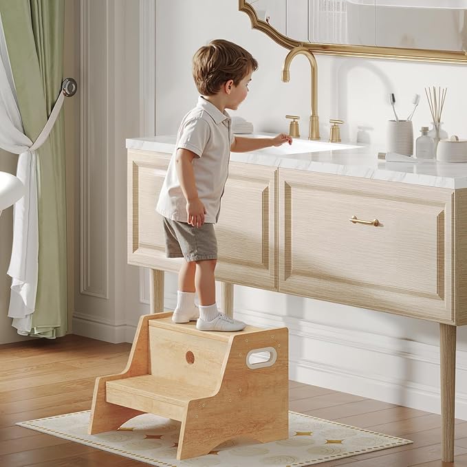 HOOBRO Wooden Step Stool, Two Step Stools Toddler for Potty Training, Natural Two Step Stool for Bedroom, Kitchen, Bathroom, Children's Stool with Handles and Safety Non-Slip Pads, Natural NL05JD01