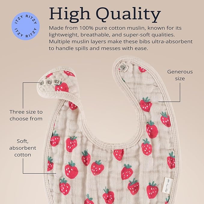 Itzy Ritzy Set of 3 Baby Bibs - Ultra-Soft Adjustable Infant & Toddler Bibs Made of Triple-Layer Cotton Muslin, Ideal for Drooling, Teething, & Eating - 3 Stylish, Coordinating Prints (Strawberry)