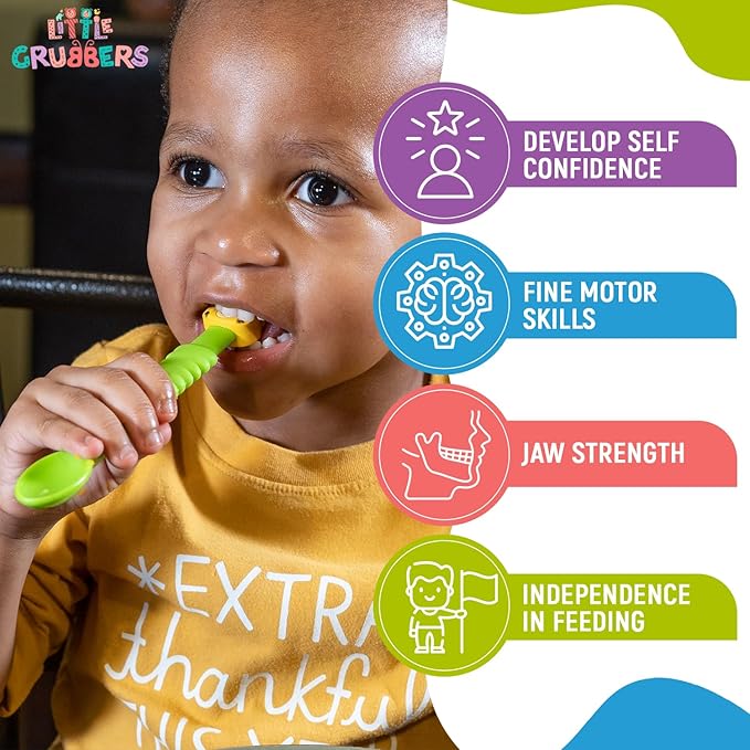 Little Grubbers 3-in-1 Silicone Baby Spoon Self Feeding 6+ Months - Pediatric OT Designed Teether Spoon, BPA Free Toddler Utensils, Mess-Free, Fun for Baby Led Weaning Supplies, Cow & Duck