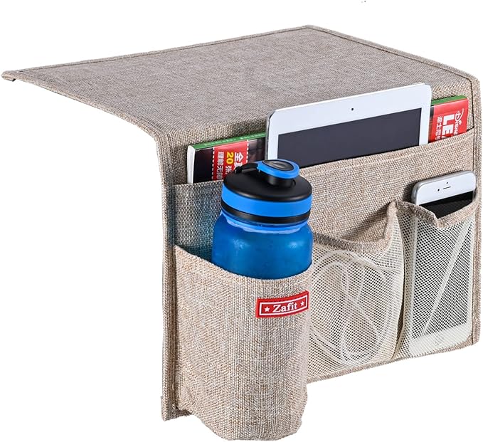 Linen 4 Pockets Bedside Caddy, Bedside Storage Organizer for Magazine, Remotes, Phone (Beige)