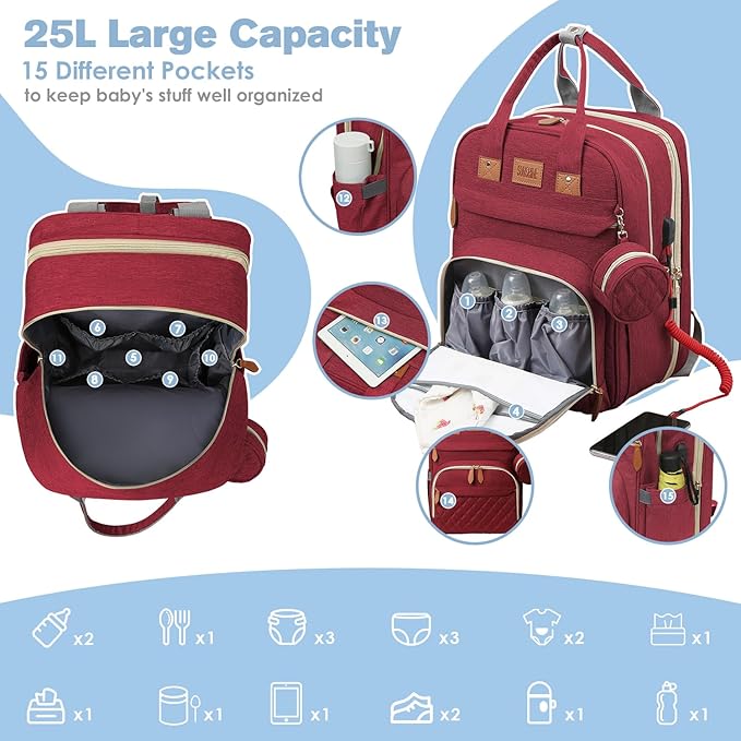 JSTPRO Diaper Bag Backpack, Large Diaper Bag with Changing Station, Baby Bag, New Mom Gifts, Lightweight Waterproof Unisex Diaper Bag with Insulated Pockets and USB Charging Port, Red