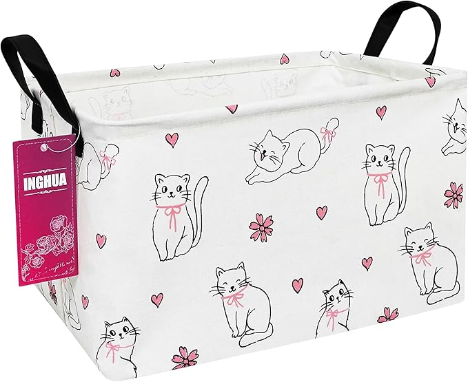 INGHUA Rectangular Storage Basket Fabric Organizer Bin for Toys,Books,Clothes,Gifts,Pets-Perfect for Home,Office,Nursery,Dorm,Shelf(Rec-Love cat )