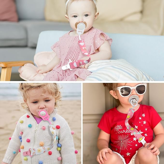 4 Pack Pacifier Clips for Boys Girls, Dummy Clips Baby with Adapters, Silicone Binky Clips for Baby Teething Toys Baby Shower (Pink+White)