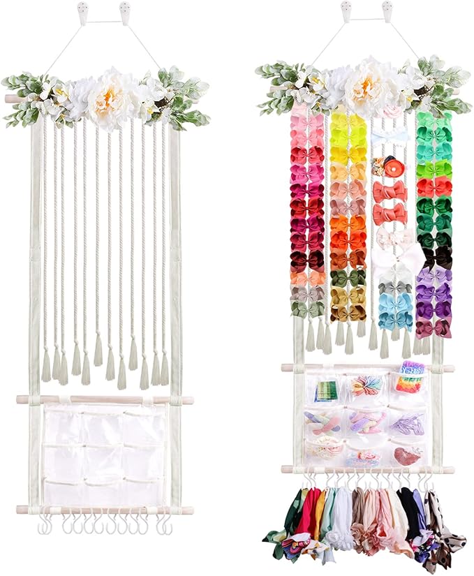 cherrboll Hair Bows Holder Headband Organizer for Girls, Hair Clips Hanger Storage with Hooks, Wall Hanging Decor for Nursery Room