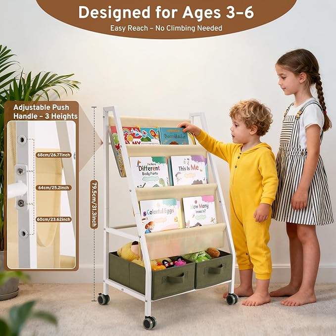 EARLY MINDS 3-Tier Kids Bookshelf with Storage, Wheels & Handle, Montessori Sling Book Organizer for Toddlers, Easy-to-Move Book Shelf, Nursery Bedroom Bookshelf
