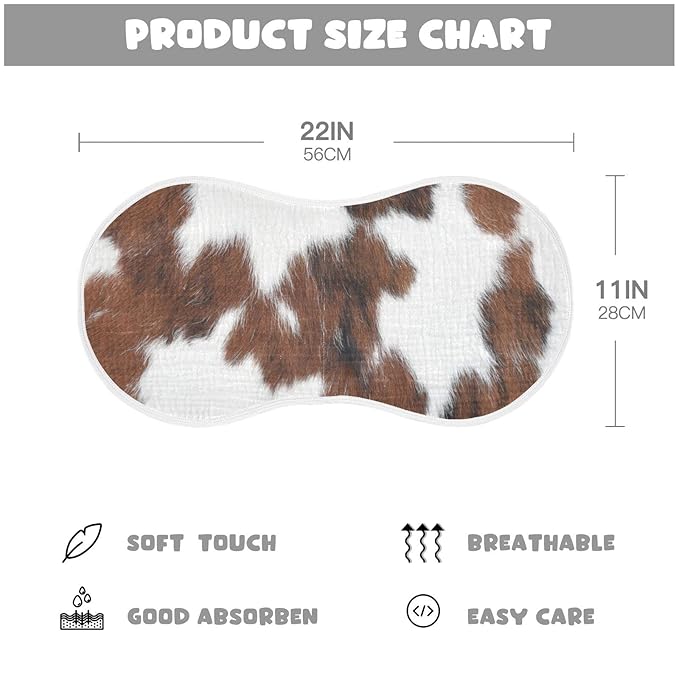 Muslin Baby Burp Cloths Set of 2, Soft Absorbent White Brown Print Cow Muslin Washcloths, Bibs, Face Towel for Newborn Boys Girls, 22 x 11 Inch