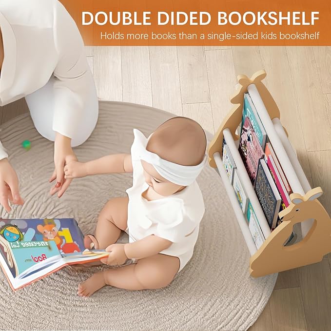Lullulii Double Sided Kids Bookshelf – 2 Tier Portable Toddler Bookshelf, Book Shelf for Kids Rooms & Playroom, Cute Kangaroo Design Wooden Montessori Baby Bookshelf,Toddler Book Display Shelves,Brown
