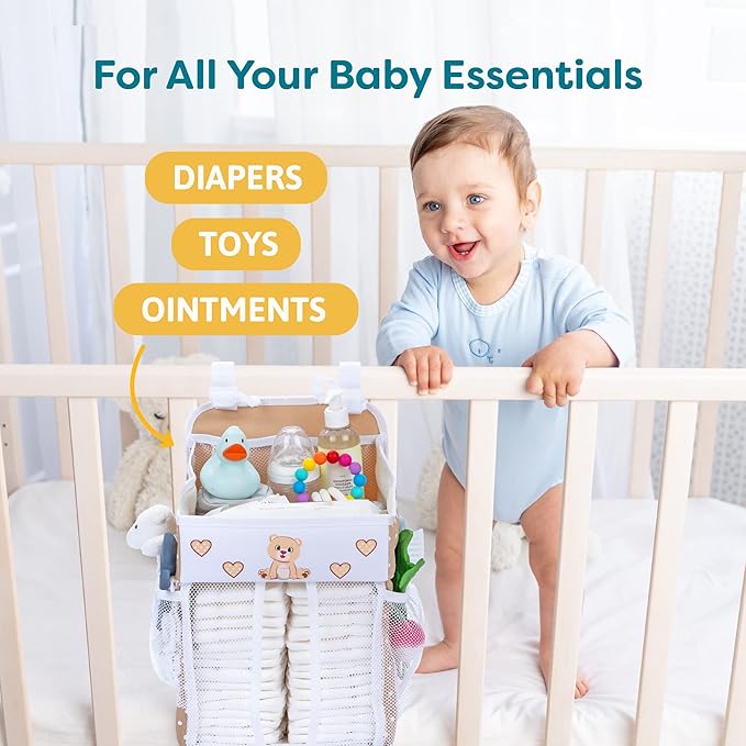 Hanging Diaper Caddy - Baby Shower Gifts Diaper Organizer for Changing Table - Hold 50+ Diapers - Nursery Baby Essentials for Newborn - Teddy Design - 17x9x9 inches