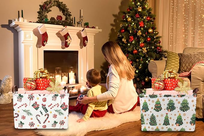 HKEC Rectangle Christmas Basket,Candy Storage Basket with Handles,Kids Gift Storage Box,Cute Canvas Organizer Bin for Pet,Books Basket,Toys Bin,Gift Baskets(Christmas Tree)