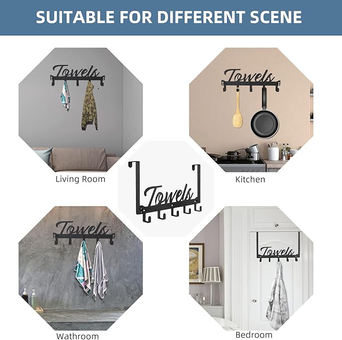Azmoncy Over The Door Hooks, Towel Rack Towel Hooks for Bathroom, Towel Holder for Hanging Heavy Duty, Door Rack Over Door Hanger with 5 Coat Hooks for Bedroom Bathroom Kitchen, Black