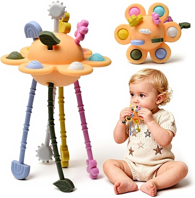 Little Rawr Silicone Baby Sensory Montessori Toys & Pull String Toys for 18 M+, Toddler Birthday Gift Car Seat Airplane Travel Toy for 1 2 Year Old Boy Girl Infant 18 Months Old (Orange)