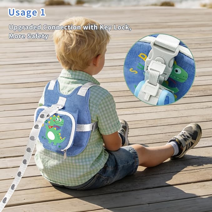 Toddler Harness Backpack Leash with Wrist Link | Cute Dinosaur Anti-Lost Walking Strap for Kids | Foldable & Adjustable Child Safety Belt for Boys & Girls