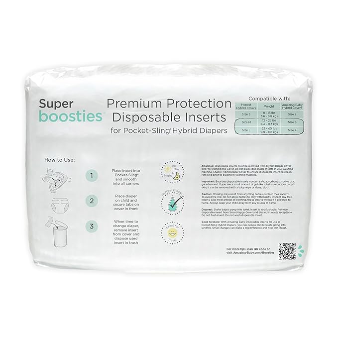 Overnight Diaper Leak Stopper, Super Boosties Disposable Inserts, Use with Pampers Sizes 4-6, Honest Hybrid Diaper Cover Sz Medium/Large, Amazing Baby Cover Sz 3/4, 4.3x13 in, 30 Count