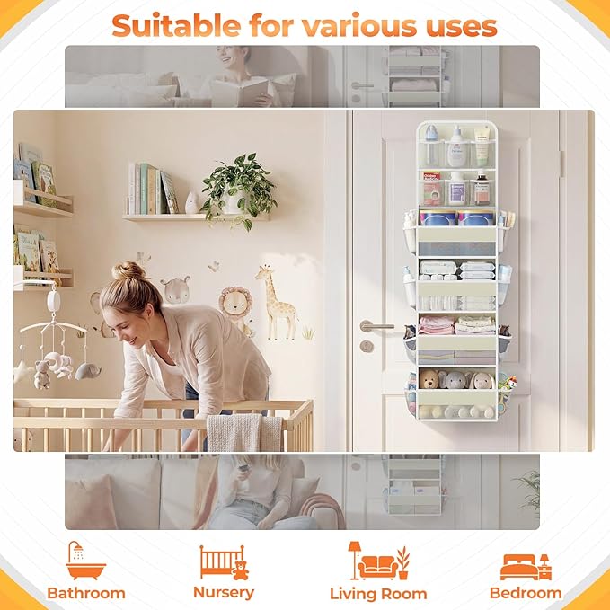 6-Tier Over The Door Organizer with Mesh Pockets, Baby Nursery Storage for Closet, Bathroom and Bedroom, Adjustable Hanging Closet Organizer for Cosmetics, Books and Essentials（Beige）