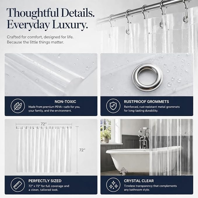 EHZNZIE Crystal Clear Shower Curtain Liner 72x96, PEVA Waterproof Bath Curtain, No Chemical Smell, 3 Weighted Magnets, Durable with Rustproof Metal Grommets