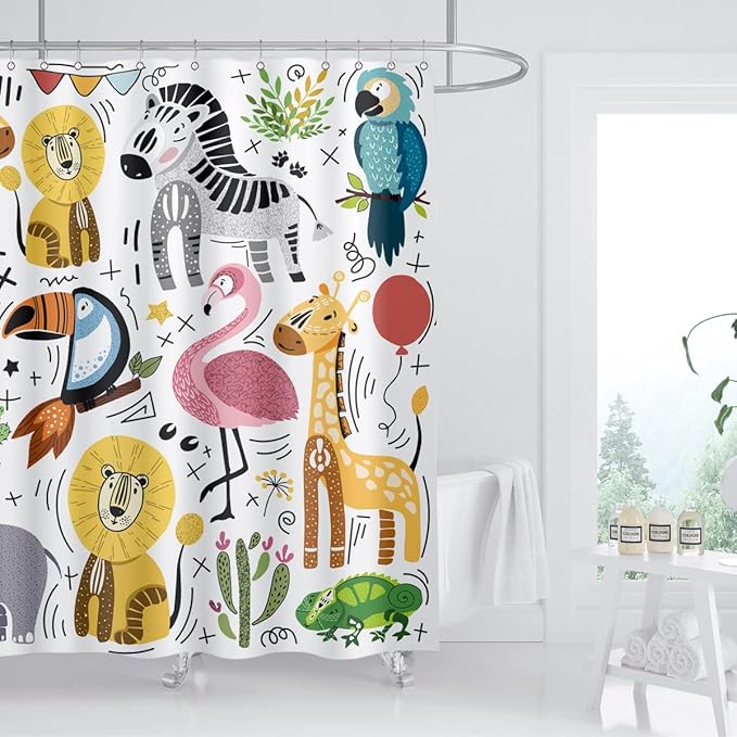 Cute Animal Shower Curtain Wildlife Lion Zebra Elephant Chameleon Flamingo Giraffe Home Bathroom Decor Waterproof Fabric 72Lx72W Inch with Plastic 12PCS Hooks