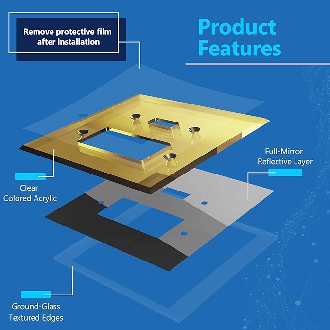 LIDER Reflective Acrylic Combination Wall Plate, Mirrored Double Switch Plate, Combo Toggle Switch and Decorator Outlet Cover, Acrylic Glass, Oversized 2-Gang 5.25" x 5.25", LWP-1131O-AGD, Gold