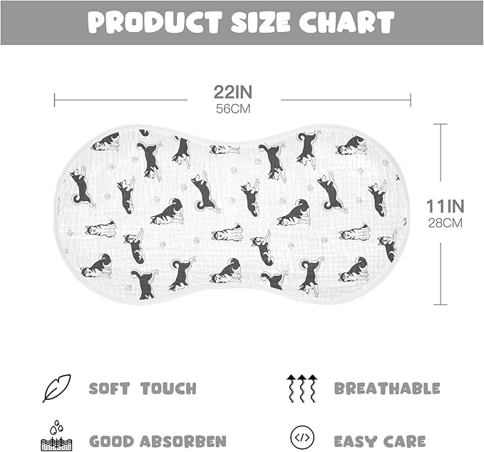 Qinllo 4 Pack Muslin Burp Cloths Husky Dogs White Cotton Baby Burp Cloths Absorbent Burping Cloth Soft Spit Up Rags for Newborn Baby Boys Girls 22x11 Inch