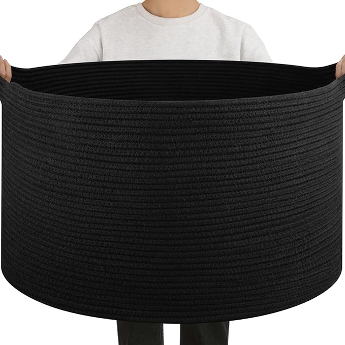OIAHOMY 90L Blanket Basket for Living Room, Large Basket 23" x 23" x 13" with Handle, Laundry Hamper for Blankets, Pillows, Toy Storage for Kids, Dogs - Black