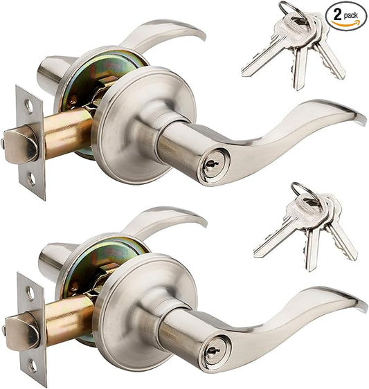 2 Pack of HENYIN Wave Lever Keyed Entry Door Lock/Door Knob Hardware Handle and Closet Lockset, Silver Color, with Key,Right Hand(805SN-R-2)