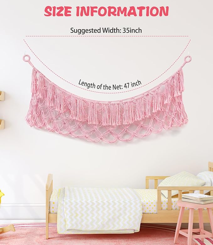 Stuffed Animal Net Hammock, Premium Cotton Hand-knitted plush hammock, Save space Eliminate Clutter Boho Stuffed Animal Storage with for Nursery, Bedroom Decor - Light pink