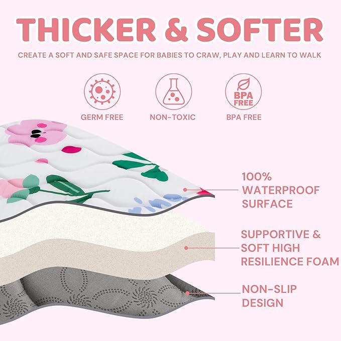 Baby Play Mat for Floor, 71'' x 59'' Thicken Foam Soft Padded Mat for Baby, Playpen Mat for Toddlers Infant Kids, Machine Washable, Non-Slip Bottom Safe for Crawling (Flower)