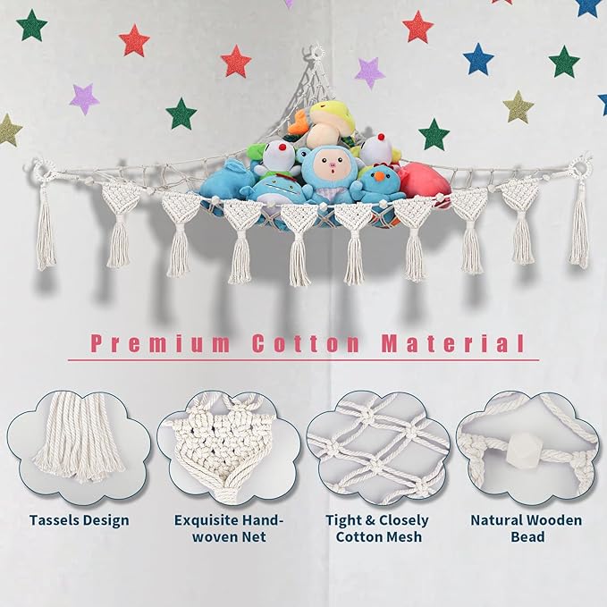 Stuffed Animal Hammock Net w/LED Star Light, 56 Inch Jumbo Toy Hammock for Stuffed Animals Teddy Plushie Net, Cream Stuffed Animal Storage Corner for Kid Girls Boys Gift