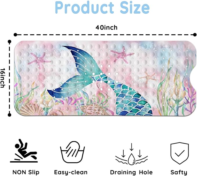 KINUUIS Bathtub Mats for Kids, Pink Mermaid Bath Mat for Tub Non Slip, 40 X 16 Inch Large Washable Bathtub Mat Non Slip for Showers with Drain Holes and Suction Cups