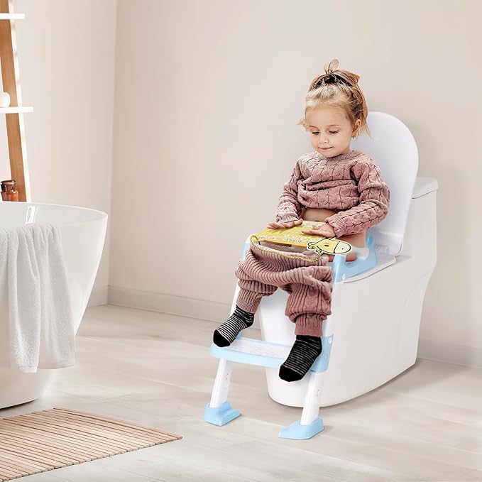 Potty Training Seat with Step Stool, Toddler Toilet Seat w/Ladder, Potty Training Chart, Splash Guard & Upgraded Non-Slip Pads, Kids Foldable Training Toilet Potty Chair for Boys Girls (Blue)