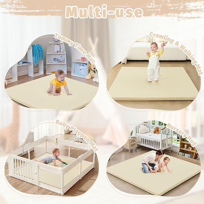 Waterproof Baby Play Mat for Floor 1.3"Thick Memory Foam 59 * 59 Cushion Playpen Playmat Tummy Time Crawling Mat Nursery Rug Pad Mattress Create Soft & Safe Area for Infants,Toddler,Kids,Beige