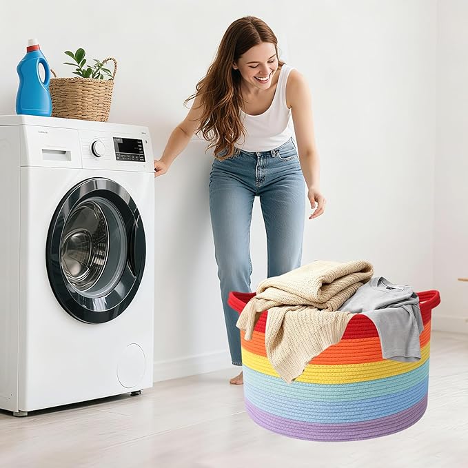 Large Storage Basket with Handle,19.7" L x 19.7" W x 13" H Blanket Basket Storage Bins for Organizing,65L Cotton Rope Woven Baskets for Living Room, Nursery,Bedroom,Rainbow