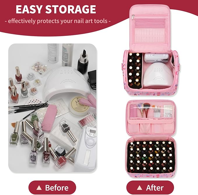 Nail Polish Organizer Case - Holds 45-90 Bottles & UV Nail Lamp, Nail Tech Organizers And Storage Bag for Nail Supplies & Manicure Kit & Pedicure Tools, Nail Technician Case (Cartoon Pink, 45 Slots)