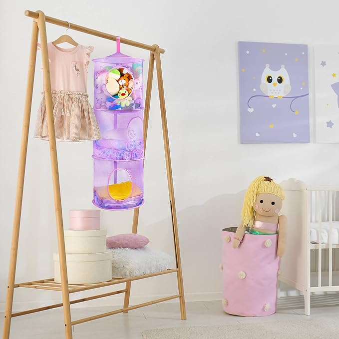 Basumee Stuffed Animals Net or Hammock 2 Pcs Stuffed Animals Storage Toy Net Hammock for Plushies Storage Organizer Mesh Kids Girls Room Decor, Purple, 3 Tiers