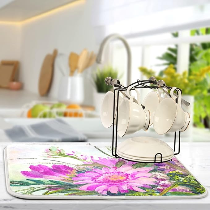Absorbent Dish Drying Mat for Kitchen Counter - Oil Painting Flowers Microfiber Drying Pad, Reversible Drainer Mats for Countertop, Small 16" x 18"