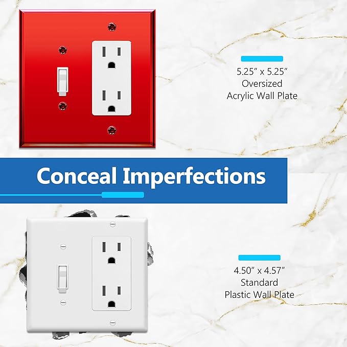 LIDER Reflective Acrylic Combination Wall Plate, Mirrored Double Switch Plate, Combo Toggle Switch and Decorator Outlet Cover, Acrylic Glass, Oversized 2-Gang 5.25" x 5.25", LWP-1131O-ARD, Red