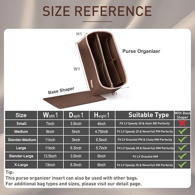 Doxo Purse Organizer Insert for Handbags & Base Shaper 2pc Set with Zipper, Felt Bag Organizer for Tote, Purse Organizer for LV Speedy 25/30/35 Neverfull MM Le Pliage L Tote Bag and More(Brown-L)