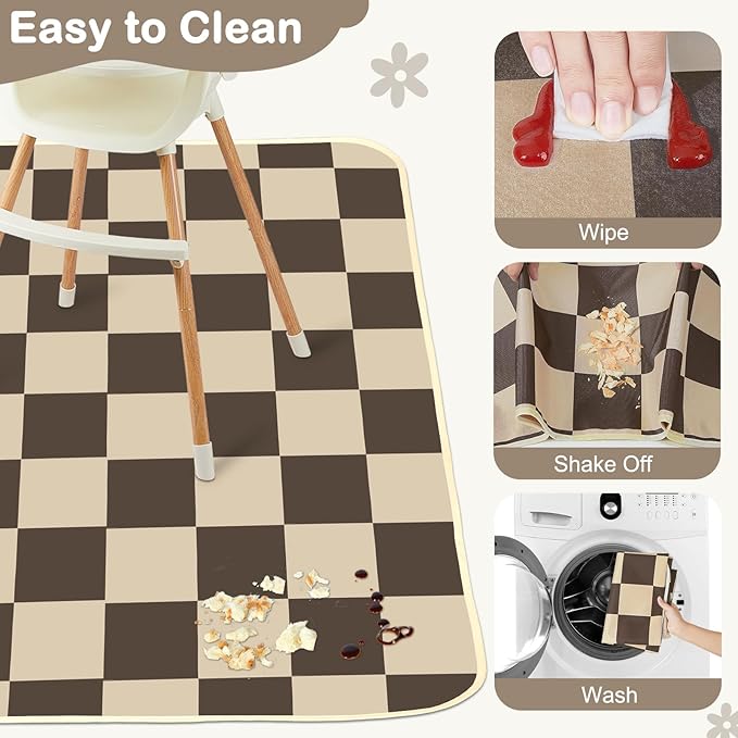 Splat Mat for Under High Chair 42 x 42 Inch Waterproof Baby Splash Mat with Non Slip Bottom Reusable Portable Highchair Mat for Floor Food Catcher for High Chair, Gray Checkerboard