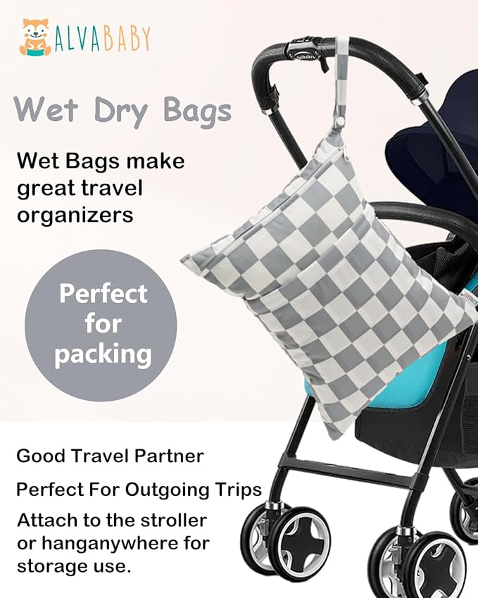 ALVABABY 2pcs Cloth Diaper Wet Dry Bags Waterproof Reusable with Two Zippered Pockets Travel Beach Pool Daycare Soiled Baby Items Yoga Gym Bag for Swimsuits or Wet Clothes 2LM15