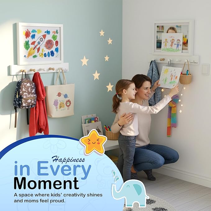 Cata Bella Kids Artwork Frames Changeable with Coat Rack Wall Mount, Wooden Wall Decor with Entryway Hooks and Magnetic Picture Frame, Decorative Organizer for Kids and Home
