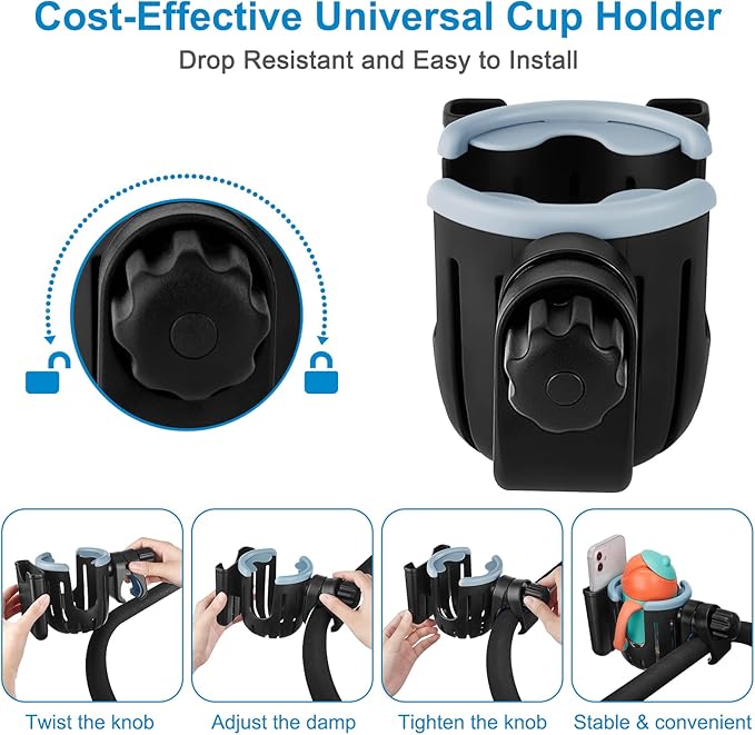 Accmor Stroller Cup Holder with Phone Holder, Universal Cup Holder, 2-in-1 Cup Phone Holder for Stroller, Bike, Walker, Wheelchair