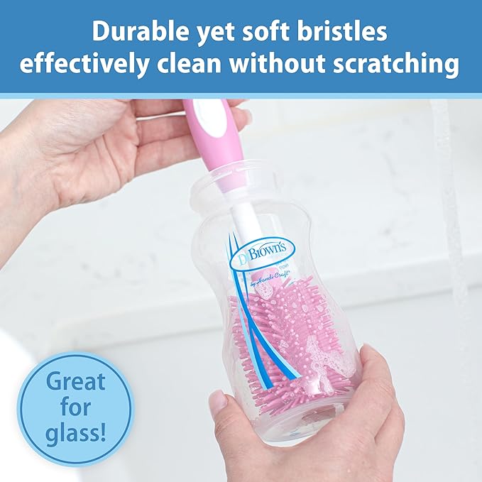 Dr. Brown's Soft Touch No Scratch Baby Bottle Cleaning Brush Nipple Cleaner with Stand and Storage Clip, BPA Free, Pink (Pack of 2)