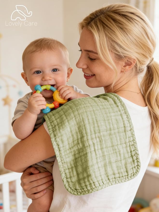 Lovely Care 12 Pack Muslin Burp Cloths 100% Cotton Muslin Cloths Large 20''x10'' Extra Soft and Absorbent Baby Burping Cloth - Sage, Teal and Blue