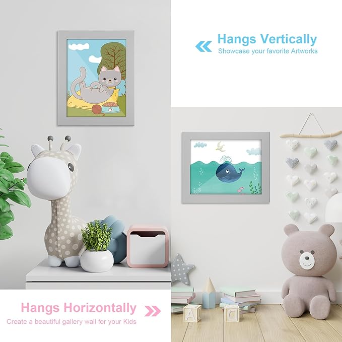 [2-Pack] Kids Art Frames, 8.5x11 Front Opening Kids Artwork Frames Changeable, Gray Artwork Display Storage Frame for Wall, Holds 50 Pcs, for 3D Picture, Crafts, Children Drawing, Hanging Art,